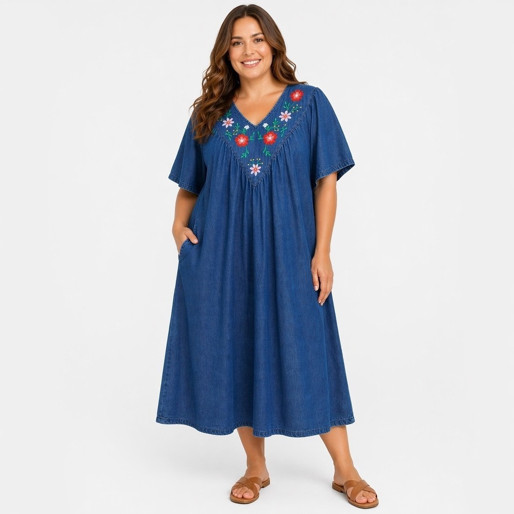 Country Store Denim Midi Dress XL Blue Embroidered Shift Pockets Prairie Cotton